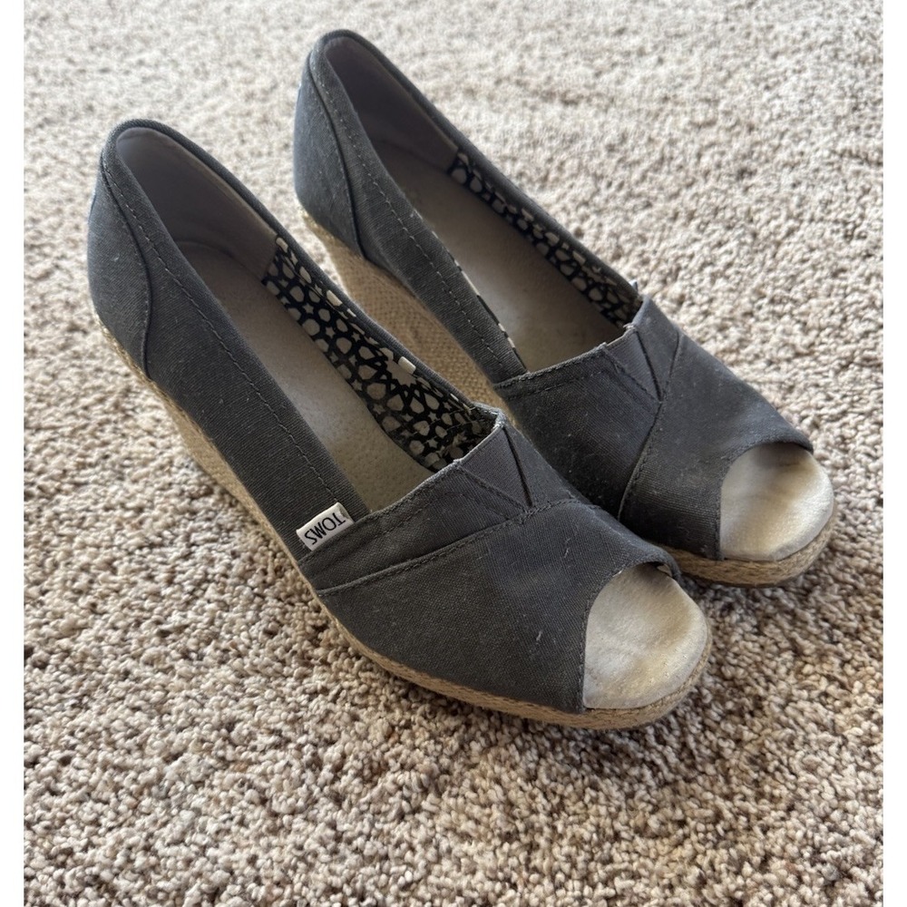 Toms Women's Espadrilles Peep Open Toe Wedge Sandals Gray Canvas Heels Size 10